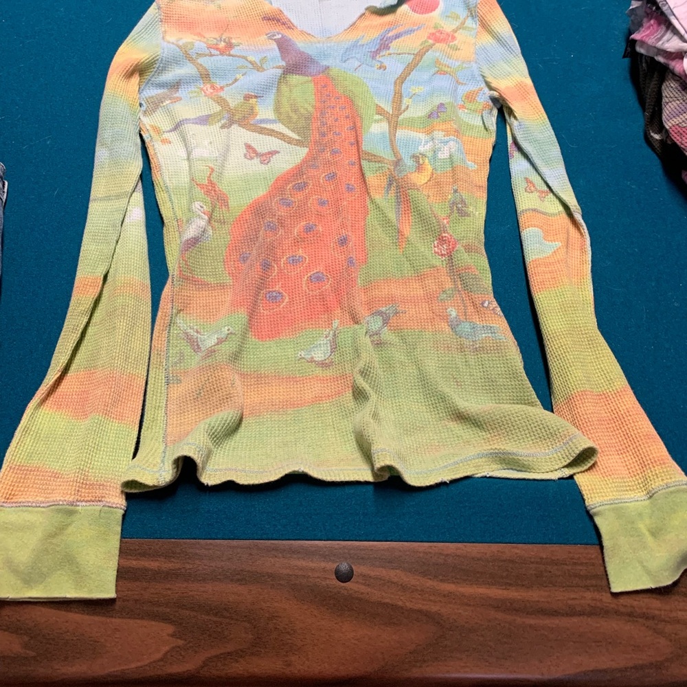 Lucky Brand Multicolor Peacock Print Long Sleeve Top